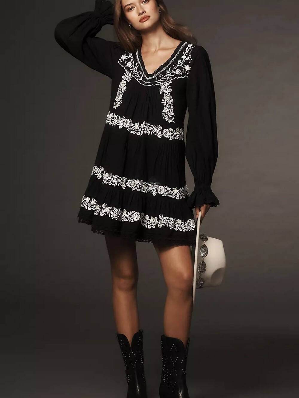 By Anthropologie Long-Sleeve Embroidered Pintuck Swing Mini Dress M Boho